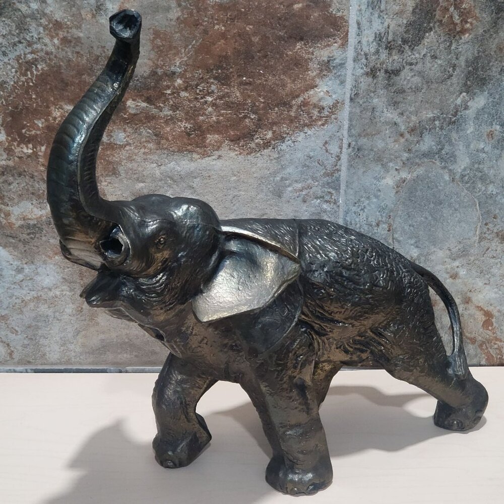 Roaring Elephant Vintage Bronze Finish Iron Statue Missing Tusks